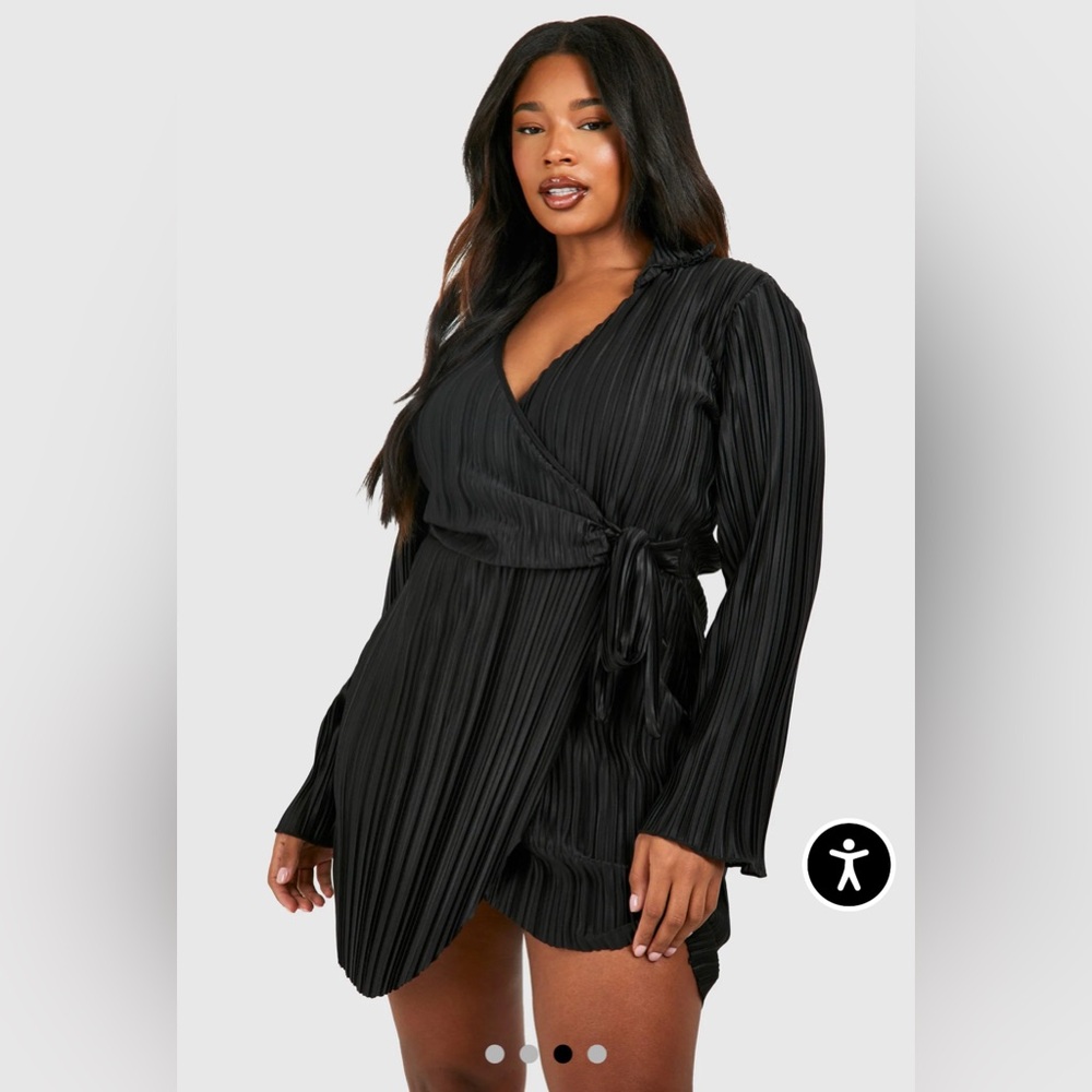 Boohoo Plus Black Plisse Long Sleeve Tie Waist Shirt Mini Wrap Dress Size 16